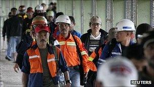 Workers from Freeport McMoran mine arrive in Timika, in Indonesia's Papua province, to join a mass strike