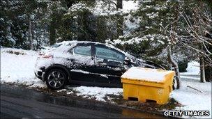 crashed car surrounded by snow
