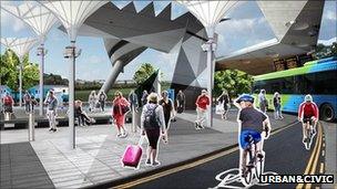 Artist's impression of transport hub at Alconbury development in Cambridgeshire