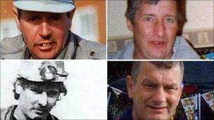 The four miners who died: Charles Breslin, Phillip Hill (top) and Garry Jenkins and David Powell (bottom, left to right)