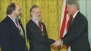 Ken Thompson and Dennis Ritchie with Bill Clinton