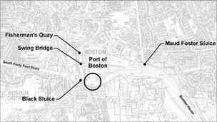 Map with the preferred location of the flood barrier marked with a circle. Image courtesy of the Environment Agency