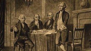 Drawing of the John Adams, Gouverneur Morris, Alexander Hamilton, and Thomas Jefferson