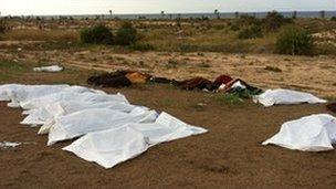 Bodies lie under sheets at the Mahari hotel, Sirte, Libya (Human Rights Watch image, 23 October 2011)