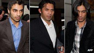 Salman Butt, Mohammad Asif and Mohammad Amir arrive at court for sentencing on 3 November 2011