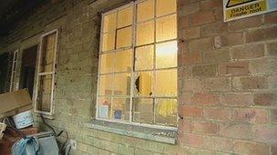 Smashed window at a depot in Derby