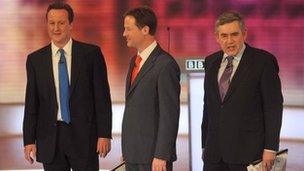 David Cameron, Nick Clegg and Gordon Brown in the last of 2010's prime ministerial debates