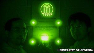 The phosphorescent material seen through a night-vision device