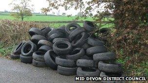 Tyres illegally dumped in Devon lay-by: Pic Mid Devon District Council