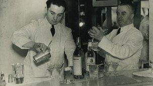 Harry MacElhone (left) behind the bar at Harry's in earlier years