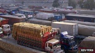 Lorries at the Torkham border between Pakistan and Afghanistan