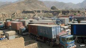Lorries at the Torkham border between Pakistan and Afghanistan