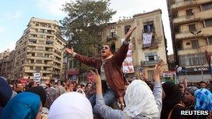 A protester shouts slogans during a demonstration against the Egyptian military council in Tahrir square