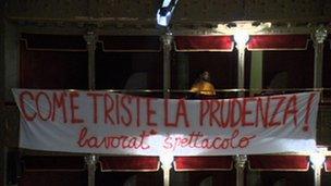Protesters' banner in the Teatro Valle
