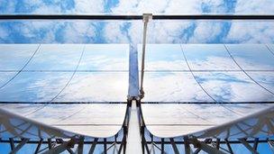 Archive photo of parabolic trough solar panels; Credit: DLR / Markus-Steur.de