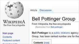 A screenshot from Wikipedia of an article on Bell Pottinger