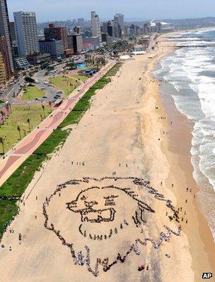 Protesters form an image of a lion on a beach in Durban (Image: AP)