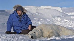 David Attenborough with an anaesthetised polar bear