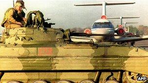 Russian armoured personnel carrier guarding Dushanbe airport in 1992