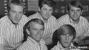 Beach Boys in 1964. L-R: Mike Love, Al Jardine, Brian Wilson, Dennis Wilson (1944-1983) and Carl Wilson (1946-1998).