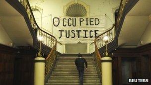 Occupy London banner at Old Street Magistrates Court