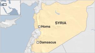 Map of Syria showing Damascus and Homs