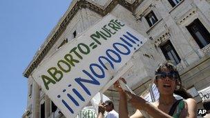 Anti-abortion demonstrators outside the Uruguayan Congress