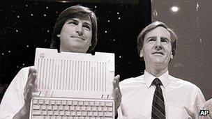 Steve Jobs and John Sculley unveil the Macintosh in 1984.