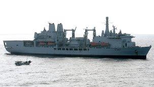 RFA Fort Victoria alongside pirate dhow