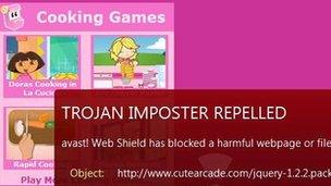 Trojan warning on cutearcade.com website