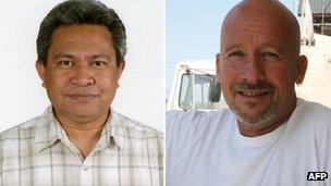 Indonesian aid worker Andrias Karel Keiluhu (L) and Philippe Havet (R) who were killed in Mogadishu on 29 December 2011