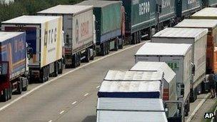 Foreign lorries parked on the M20 in Kent