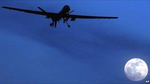 Predator drone flies over Kandahar, southern Afghanistan, 31 January 2010