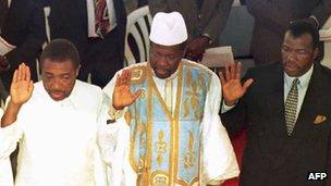 The three principal Liberian warlords (L to R) Charles Taylor (NPFL), Alhaji Kromah (ULIMO K) and George Boley (LPC) gather in Monrovia to take an oath 01 September 1995 to respect the peace process signed 19 August.