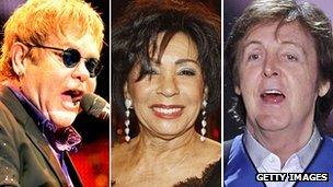 Sir Elton John, Dame Shirley Bassey and Sir Paul McCartney