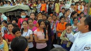 Workers protesting outside a factory in Cambodia