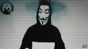 Image of Guy Fawkes taken from a video posted by the hacking group Anonymous when it hacked the Greek Justice Ministry website 3 February 2012