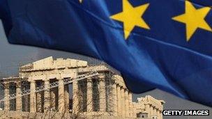 The EU flag flying in front of the Parthenon, Athens, Greece - 17 February 2012