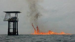 Gas-fuelled fire burning in the Atlantic Ocean, 10km off the Nigerian shore