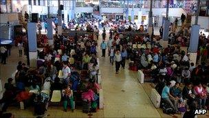 Travellers stranded in Tacna bus terminal in Peru near the border with Chile