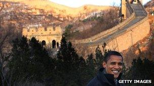 US President Barack Obama tours the Great Wall on 18 November 2009 during his trip to China