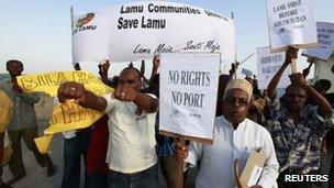 Residents and environmental activists participate in a demonstration against the construction of the proposed Lamu port on Lamu Island, Kenya, 1 March 2012