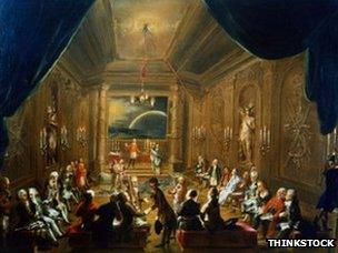Painting of Masonic Lodge meeting, depicted with curtains being drawn back to reveal people within