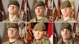 Clockwise from top left: Pte Wade, Pte Wilford, Pte Frampton, Pte Kershaw, Cpl Hartley and Sgt Coupe