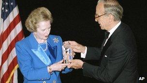 Lady Thatcher accepting the United Cerebral Palsy of New York's 37th Humanitarian Award in New York from Rupert Murdoch in 1991