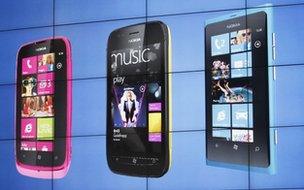 Nokia phones on show at the Mobile World Congress in Barcelona