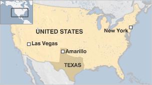 Map of Amarillo, Texas; Las Vegas, Nevada and New York, New York