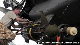 Royal Air Force technician attaches a Paveway 4 laser guided bomb to the underneath of a Tornado GR4 aircraft in the Middle East.