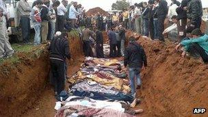 A picture released on April 6, 2012, by the opposition Local coordination Committees in Syria (LCC) purportedly shows people standing around a mass grave in the town of Taftnaz, Syria, 5 April 2012