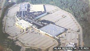 Aerial shot of a shopping mall parking lot in Marlborough, Massachusetts
